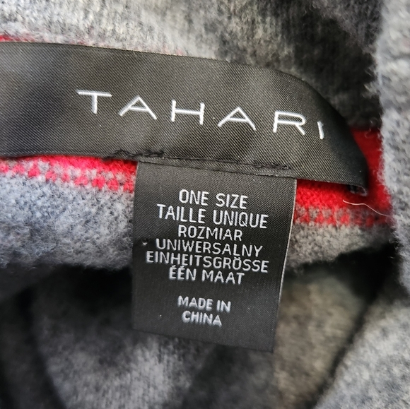 Tahari One Size Wool Cashmere Cowel Neck Pullover Poncho Sweater Grey Red Stripe - Picture 7 of 8
